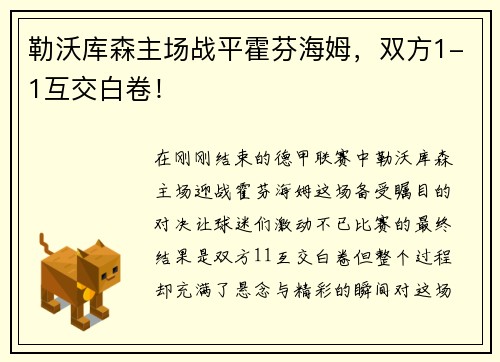 勒沃库森主场战平霍芬海姆，双方1-1互交白卷！