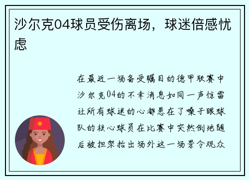 沙尔克04球员受伤离场，球迷倍感忧虑